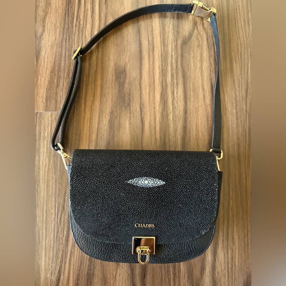 Stingray EXOTIC black  slim Crossbody/Belt  Bag with Gold Accents
